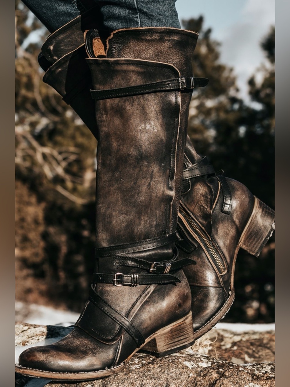 Freebird by Steven GIA Women's Mid-Calf Distressed Black Leather Boots